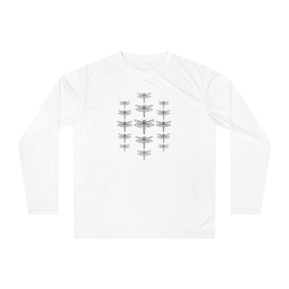 Hand-drawn dragonfly swarm long-sleeve tee — original wildlife art by Kayanna Healy at Neo Native