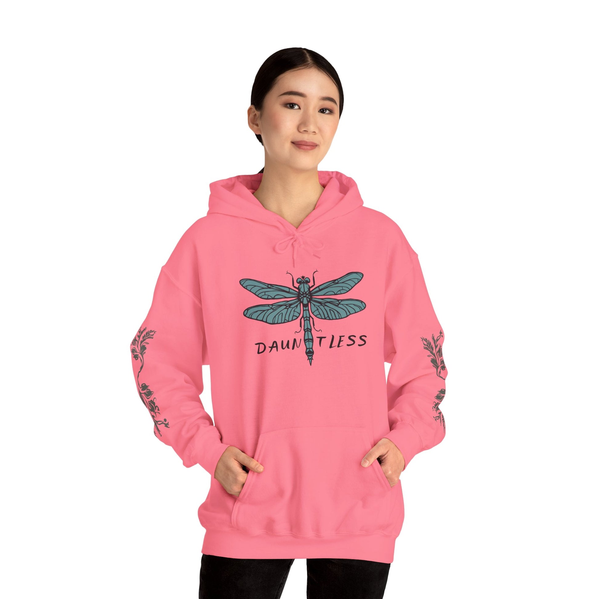 Hand-drawn 'Dauntless' word art hoodie inspired by Alaska Native design traditions — flat lay view