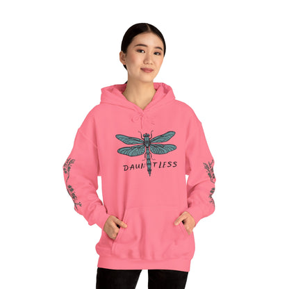 Hand-drawn 'Dauntless' word art hoodie inspired by Alaska Native design traditions — flat lay view