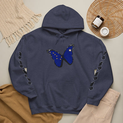 Hand-drawn 'Grace' word art hoodie inspired by Alaska Native design traditions — styled product photo
