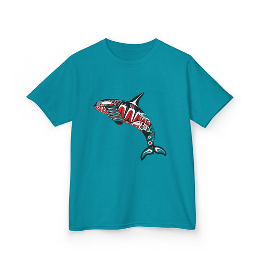 Hand-drawn Alaska Native inspired killer whale kids' shirt — original Indigenous wildlife design