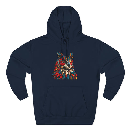 Hand-drawn great horned owl icon hoodie — original wildlife art by Kayanna Healy at Neo Native