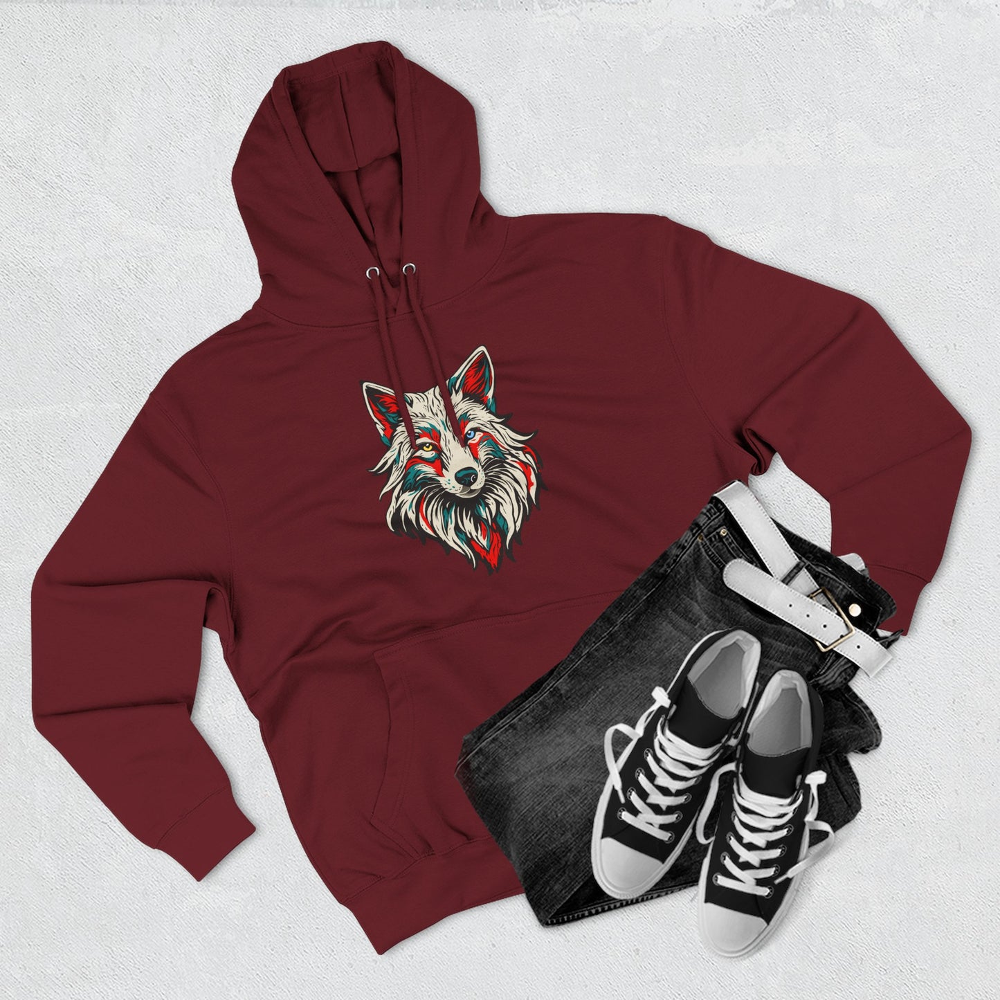 Hand-drawn Alaska Native inspired arctic fox hoodie — original Indigenous wildlife design — shown in an alternate colorway