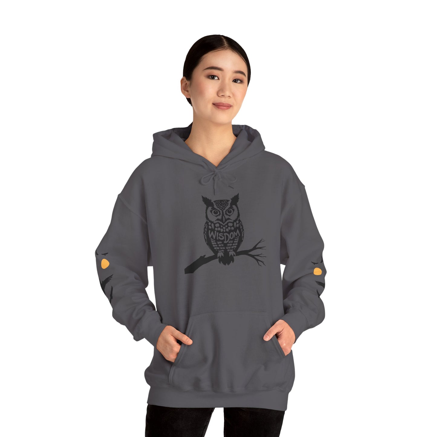 Hand-drawn 'Wisdom' word art hoodie inspired by Alaska Native design traditions — front view