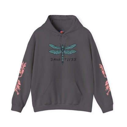 Hand-drawn 'Dauntless' word art hoodie inspired by Alaska Native design traditions — styled product photo