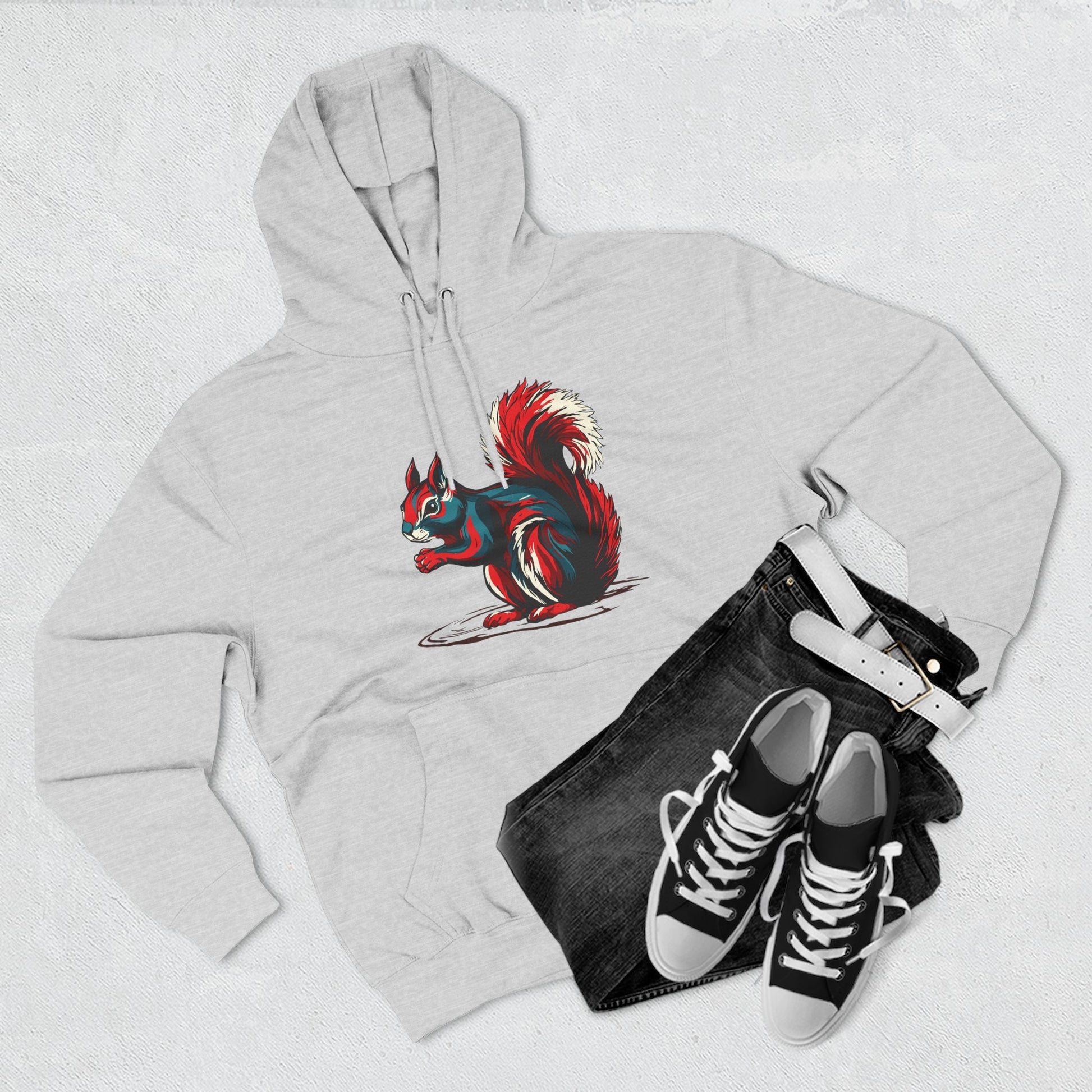 Hand-drawn Alaska Native inspired squirrel hoodie — original Indigenous wildlife design — front view