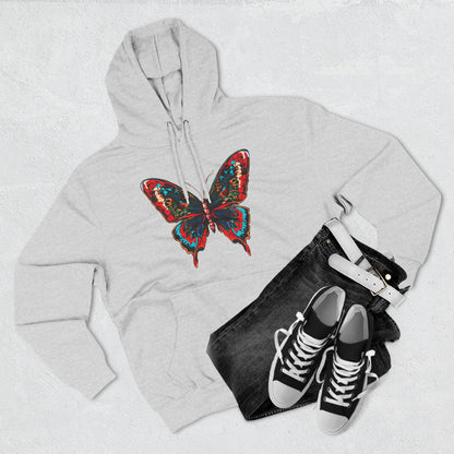 Hand-drawn Alaska Native inspired butterfly hoodie — original Indigenous wildlife design — flat lay view