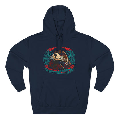 Hand-drawn Alaska Native inspired sea otter hoodie — original Indigenous wildlife design — front view