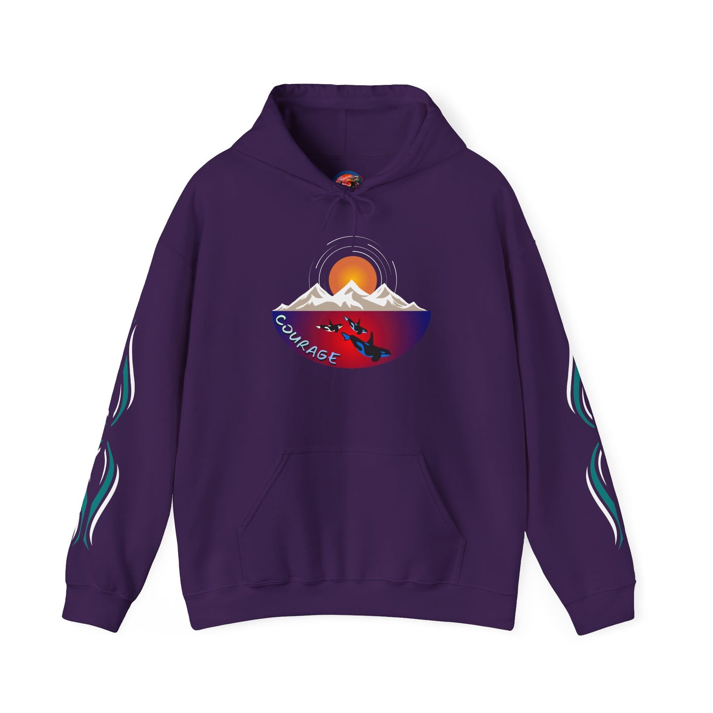 Hand-drawn 'Courage' word art hoodie inspired by Alaska Native design traditions — styled product photo