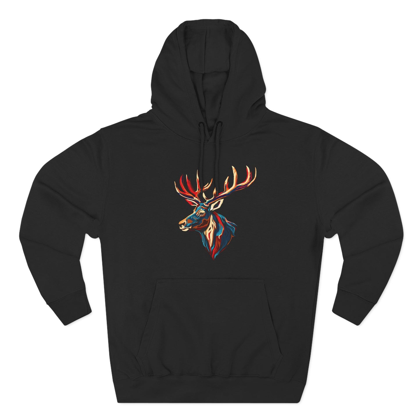 Hand-drawn Alaska Native inspired elk hoodie — original Indigenous wildlife design — front view