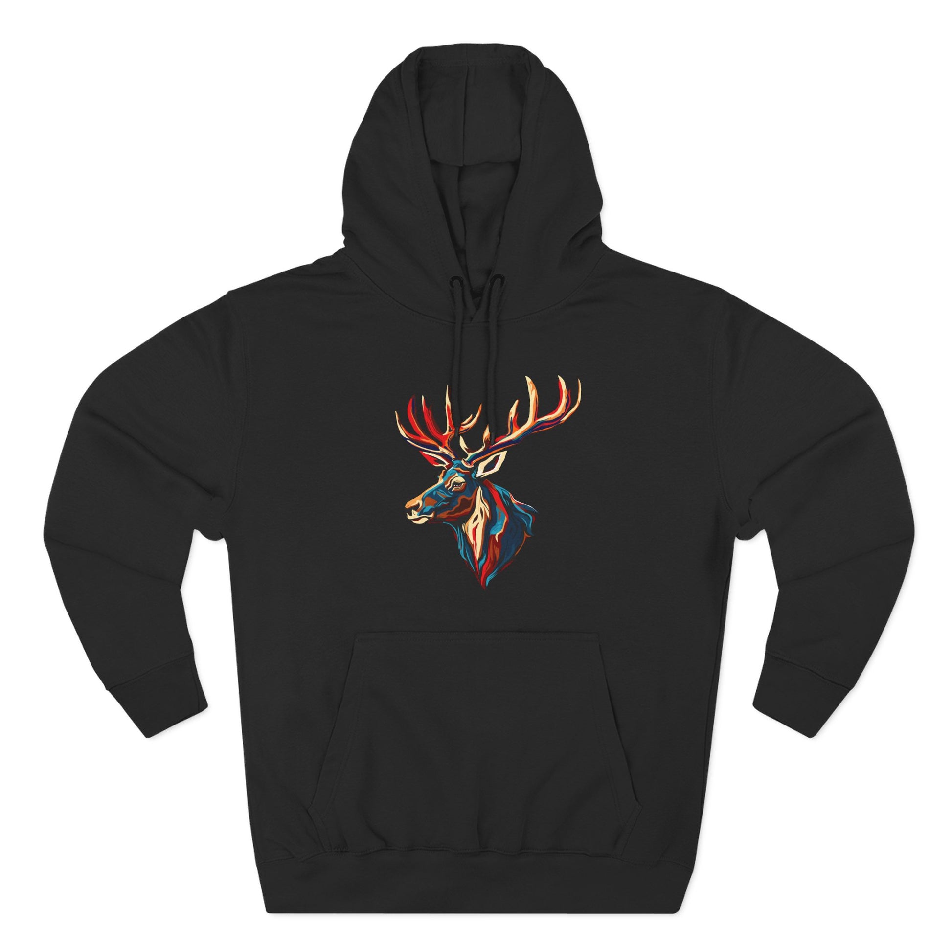 Hand-drawn Alaska Native inspired elk hoodie — original Indigenous wildlife design — front view