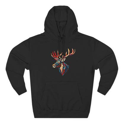 Hand-drawn Alaska Native inspired elk hoodie — original Indigenous wildlife design — front view