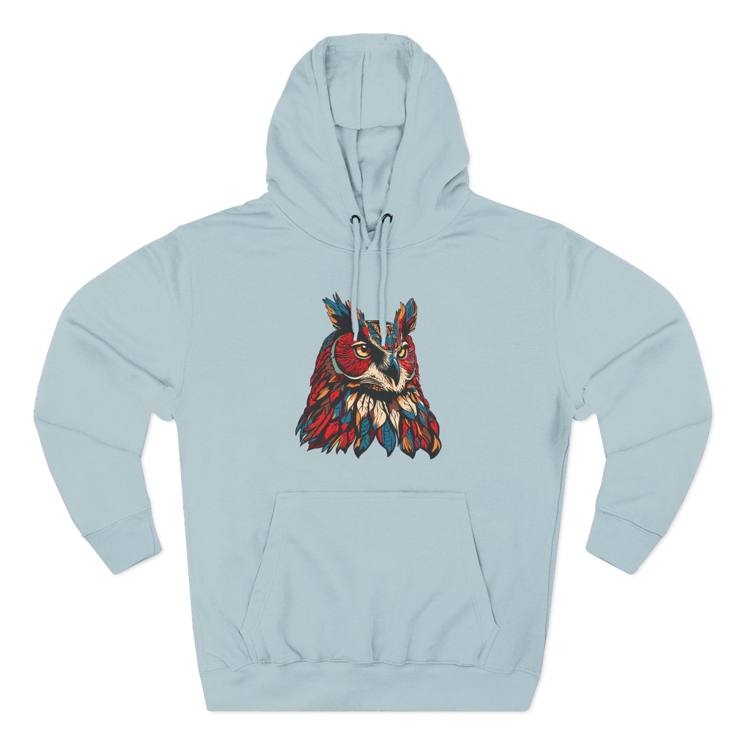Hand-drawn Alaska Native inspired great horned owl hoodie — original Indigenous wildlife design — back view