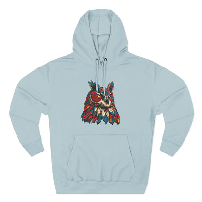 Hand-drawn Alaska Native inspired great horned owl hoodie — original Indigenous wildlife design — back view