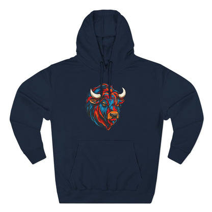 Hand-drawn Alaska Native inspired bison hoodie — original Indigenous wildlife design — front view