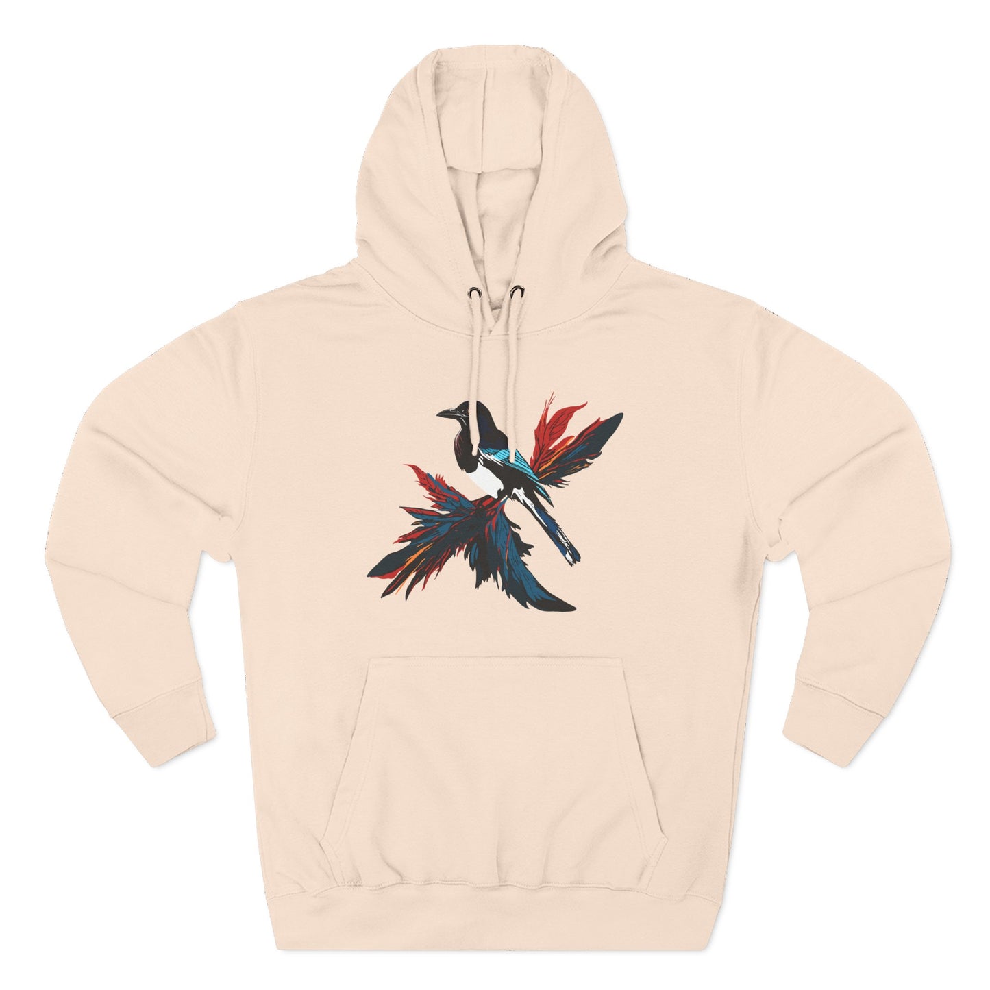 Hand-drawn Alaska Native inspired magpie hoodie — original Indigenous wildlife design — front view