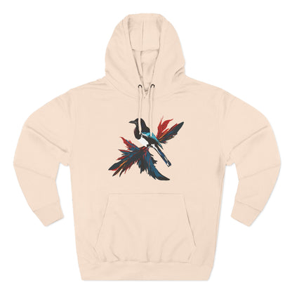 Hand-drawn Alaska Native inspired magpie hoodie — original Indigenous wildlife design — front view