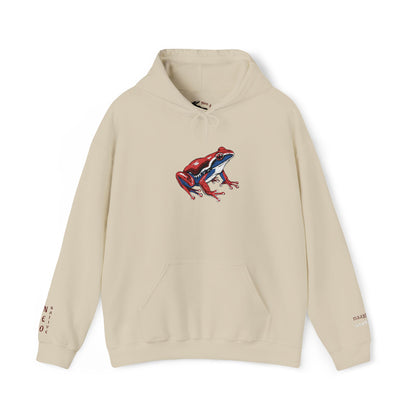 Hand-drawn Alaska Native inspired wood frog hoodie — original Indigenous wildlife design — back view