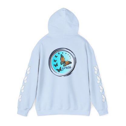 Hand-drawn 'Grace' word art hoodie inspired by Alaska Native design traditions — shown in an alternate colorway