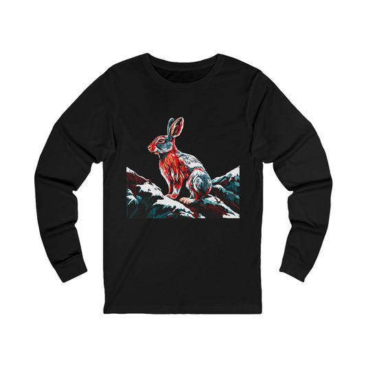 Hand-drawn snowshoe hare icon long-sleeve tee — original wildlife art by Kayanna Healy at Neo Native