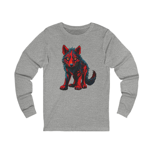 Hand-drawn wolf pup icon long-sleeve tee — original wildlife art by Kayanna Healy at Neo Native