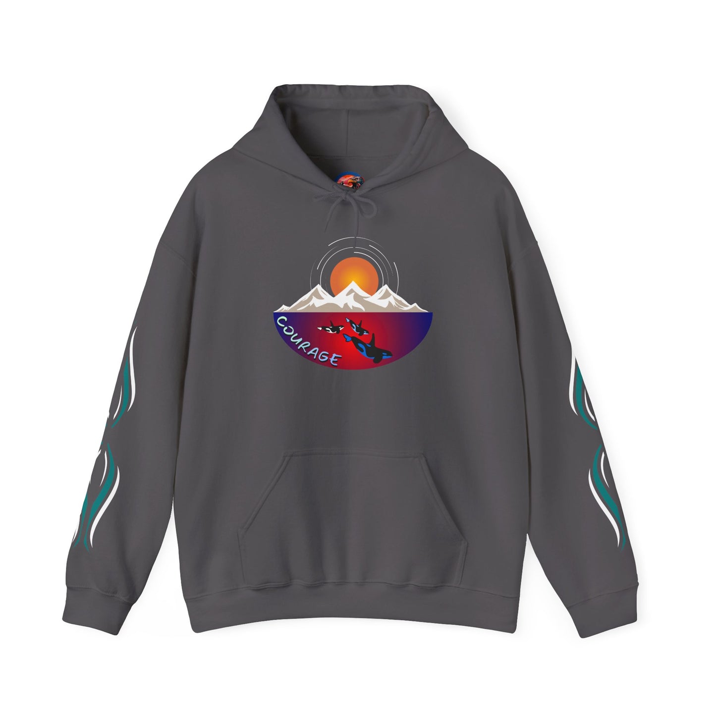 Hand-drawn 'Courage' word art hoodie inspired by Alaska Native design traditions — shown from a different angle