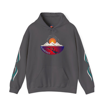 Hand-drawn 'Courage' word art hoodie inspired by Alaska Native design traditions — shown from a different angle