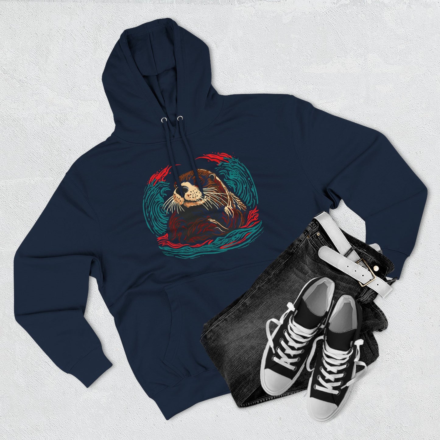 Hand-drawn Alaska Native inspired sea otter hoodie — original Indigenous wildlife design — shown in an alternate colorway