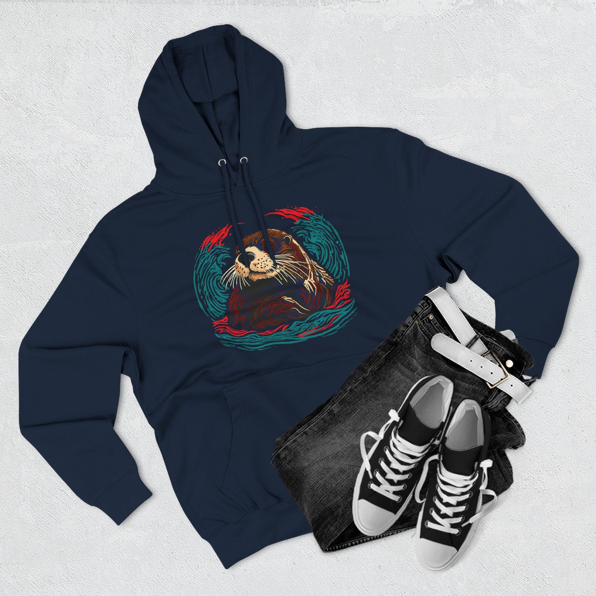 Hand-drawn Alaska Native inspired sea otter hoodie — original Indigenous wildlife design — shown in an alternate colorway