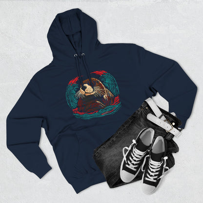 Hand-drawn Alaska Native inspired sea otter hoodie — original Indigenous wildlife design — shown in an alternate colorway