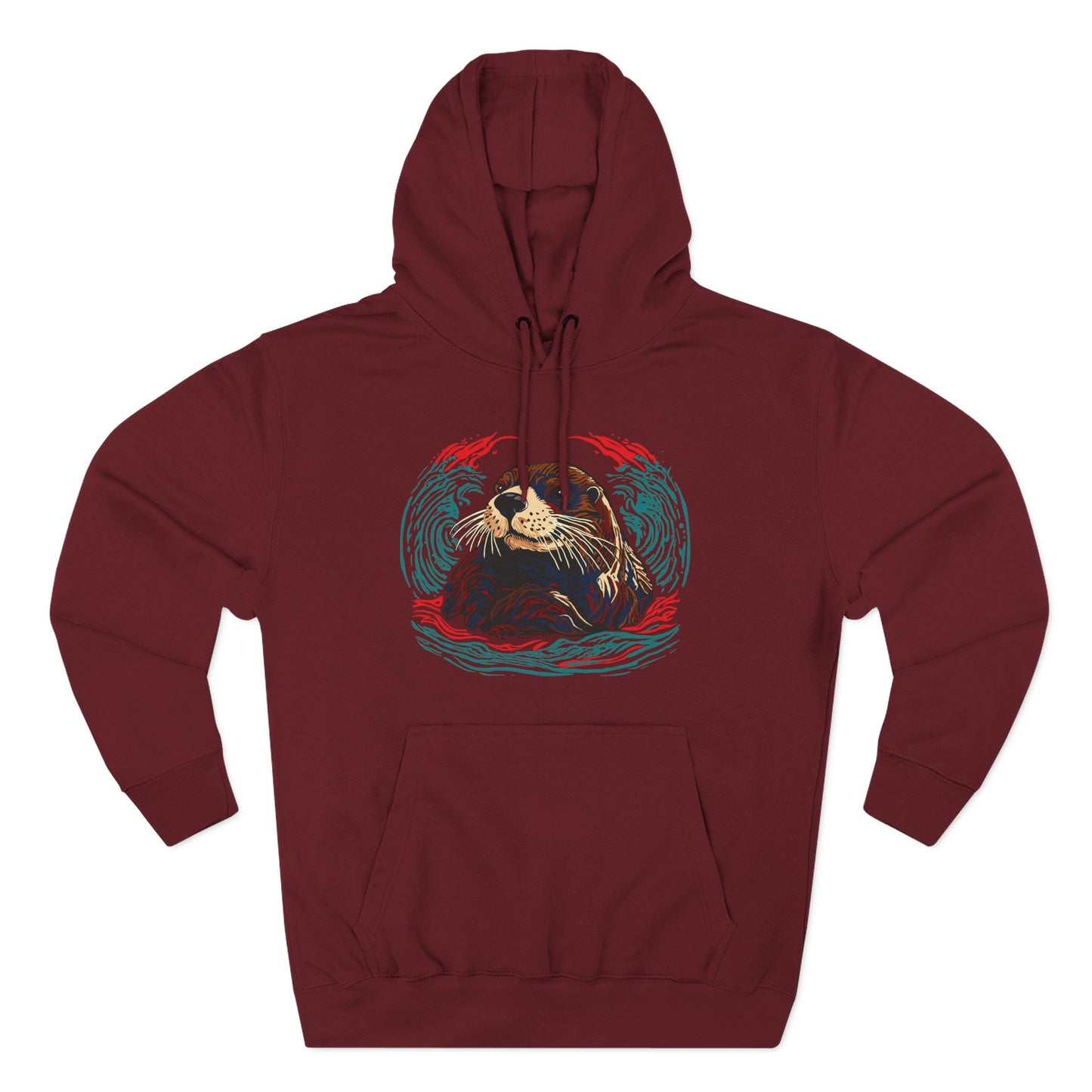 Hand-drawn Alaska Native inspired sea otter hoodie — original Indigenous wildlife design — shown from a different angle