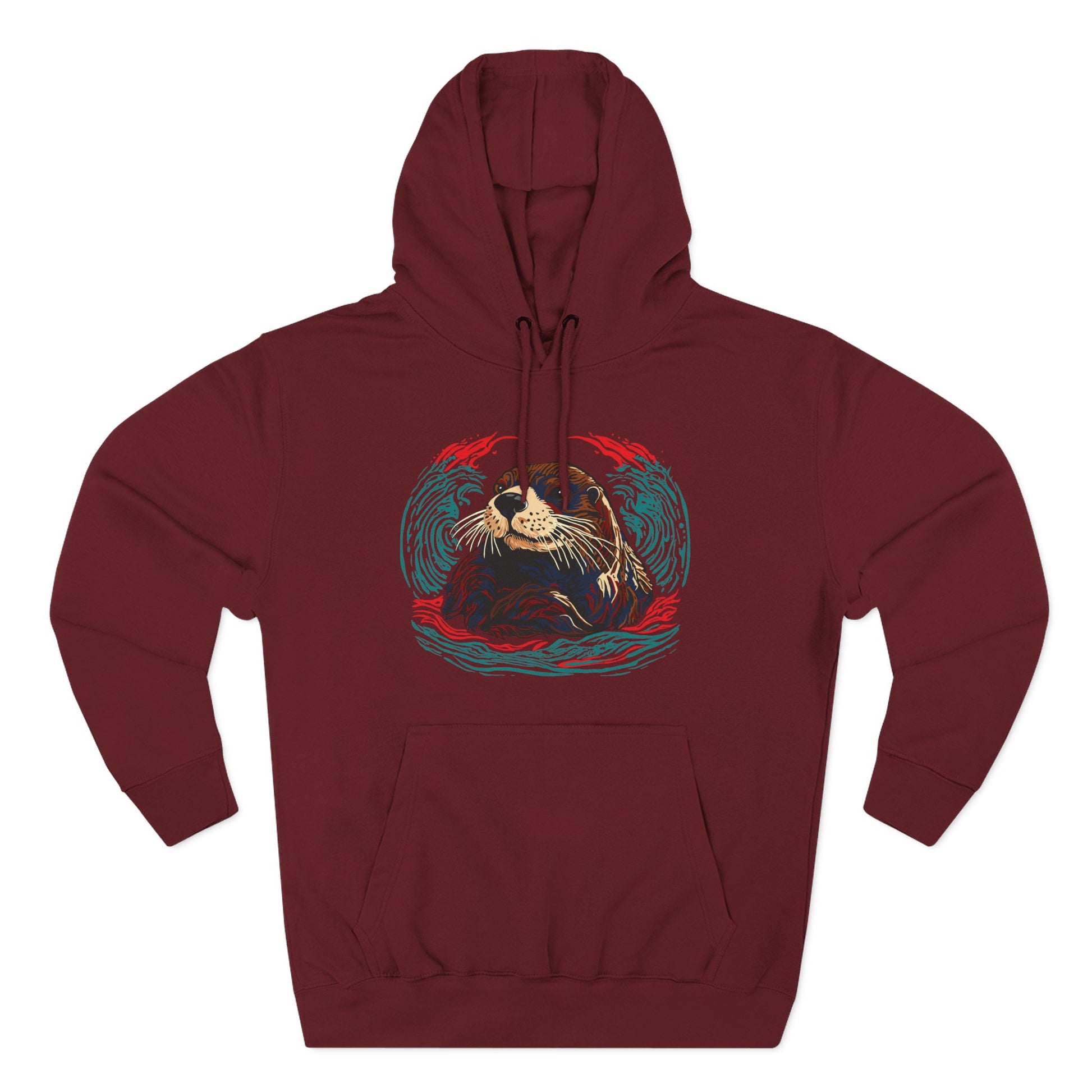 Hand-drawn Alaska Native inspired sea otter hoodie — original Indigenous wildlife design — shown from a different angle