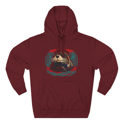 Hand-drawn Alaska Native inspired sea otter hoodie — original Indigenous wildlife design — shown from a different angle