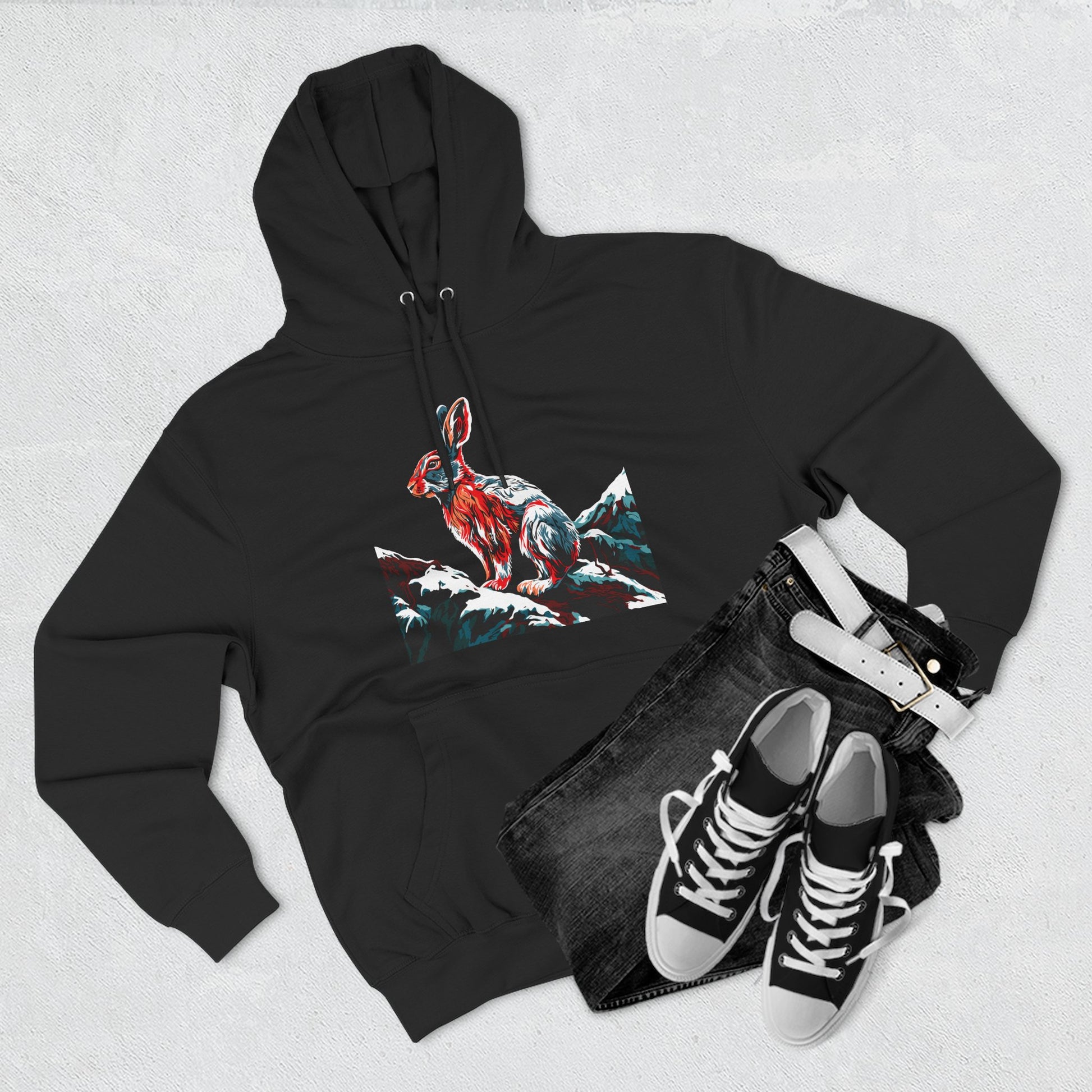 Hand-drawn Alaska Native inspired snowshoe hare hoodie — original Indigenous wildlife design — close-up texture detail