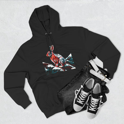 Hand-drawn Alaska Native inspired snowshoe hare hoodie — original Indigenous wildlife design — close-up texture detail