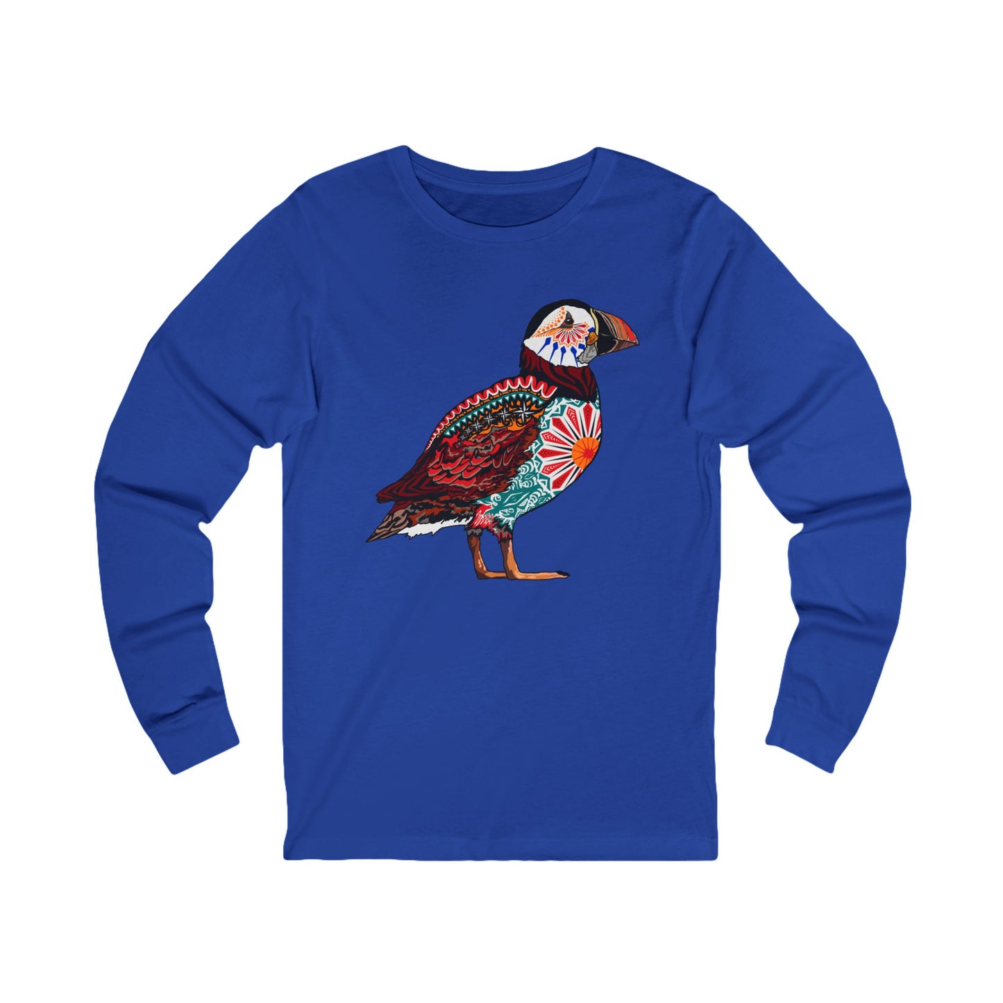 Hand-drawn puffin long-sleeve tee — original wildlife art by Kayanna Healy at Neo Native