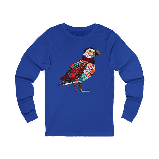 Hand-drawn puffin long-sleeve tee — original wildlife art by Kayanna Healy at Neo Native