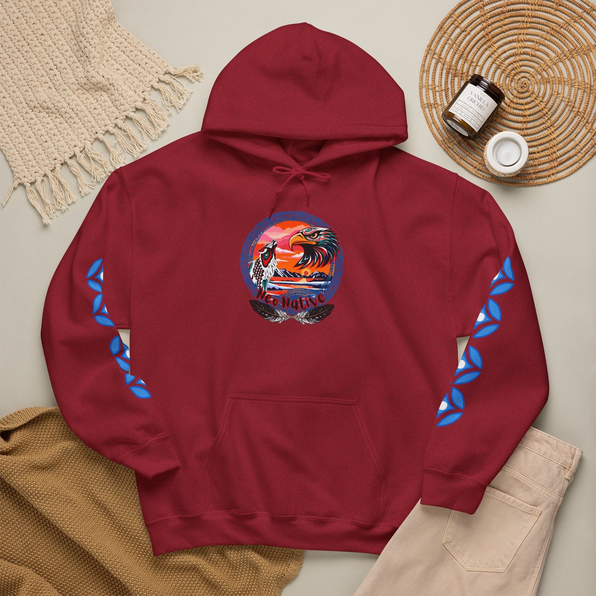 Neo Native brand logo hoodie — Alaska Native owned apparel brand — flat lay view