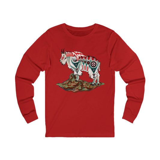 Hand-drawn mountain goat long-sleeve tee — original wildlife art by Kayanna Healy at Neo Native