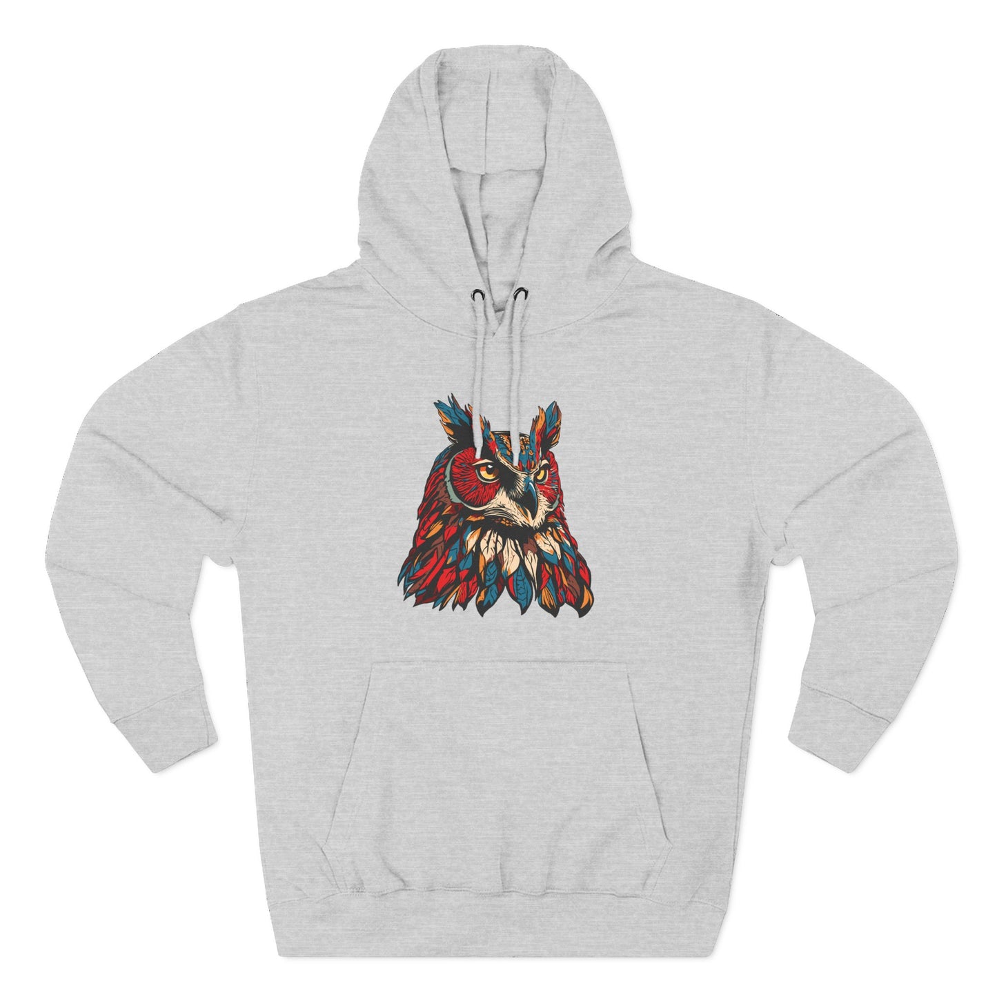 Hand-drawn Alaska Native inspired great horned owl hoodie — original Indigenous wildlife design — close-up of the design detail