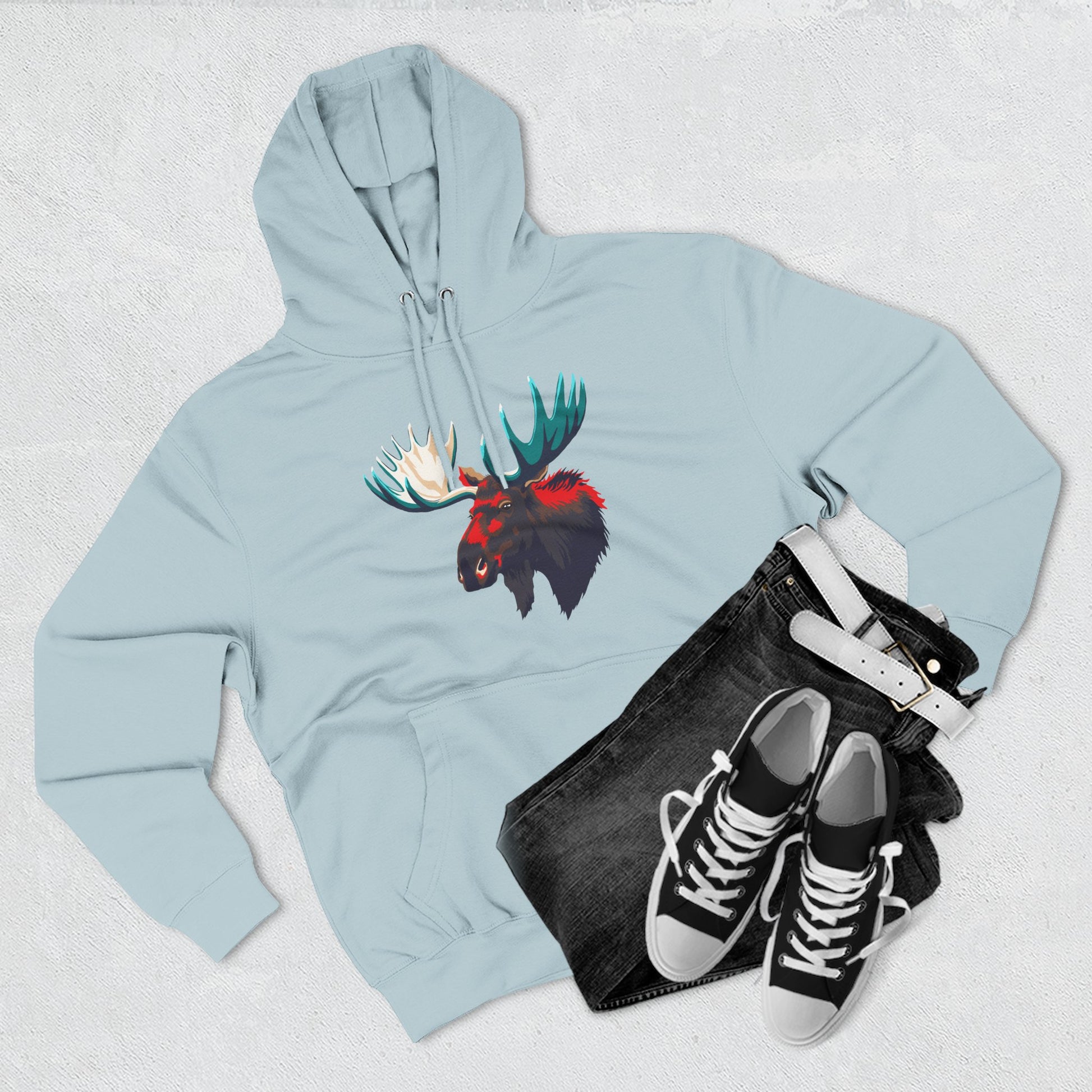 Hand-drawn Alaska Native inspired moose hoodie — original Indigenous wildlife design — front view