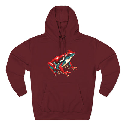Hand-drawn Alaska Native inspired wood frog hoodie — original Indigenous wildlife design — shown from a different angle