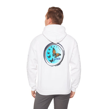 Hand-drawn 'Grace' word art hoodie inspired by Alaska Native design traditions — flat lay view