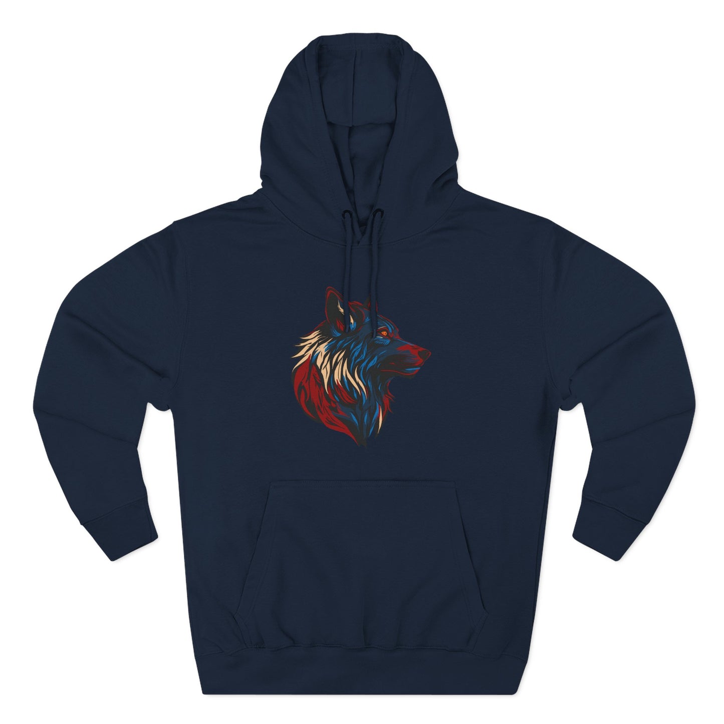 Hand-drawn Alaska Native inspired wolf hoodie — original Indigenous wildlife design — styled product photo