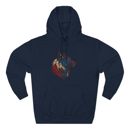 Hand-drawn Alaska Native inspired wolf hoodie — original Indigenous wildlife design — styled product photo
