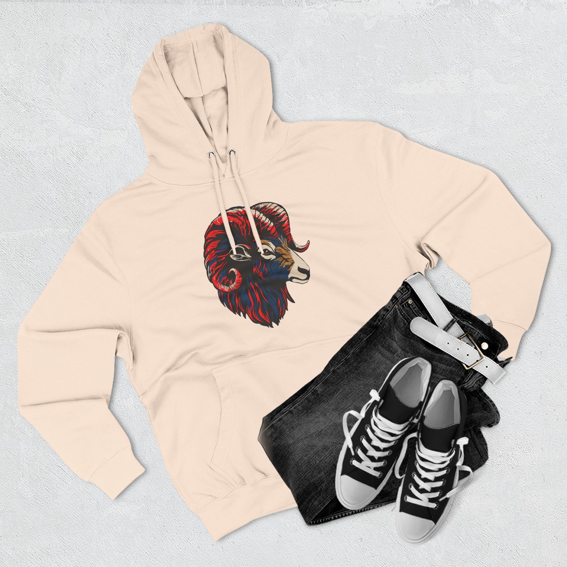 Hand-drawn Alaska Native inspired dall sheep hoodie — original Indigenous wildlife design — shown in an alternate colorway