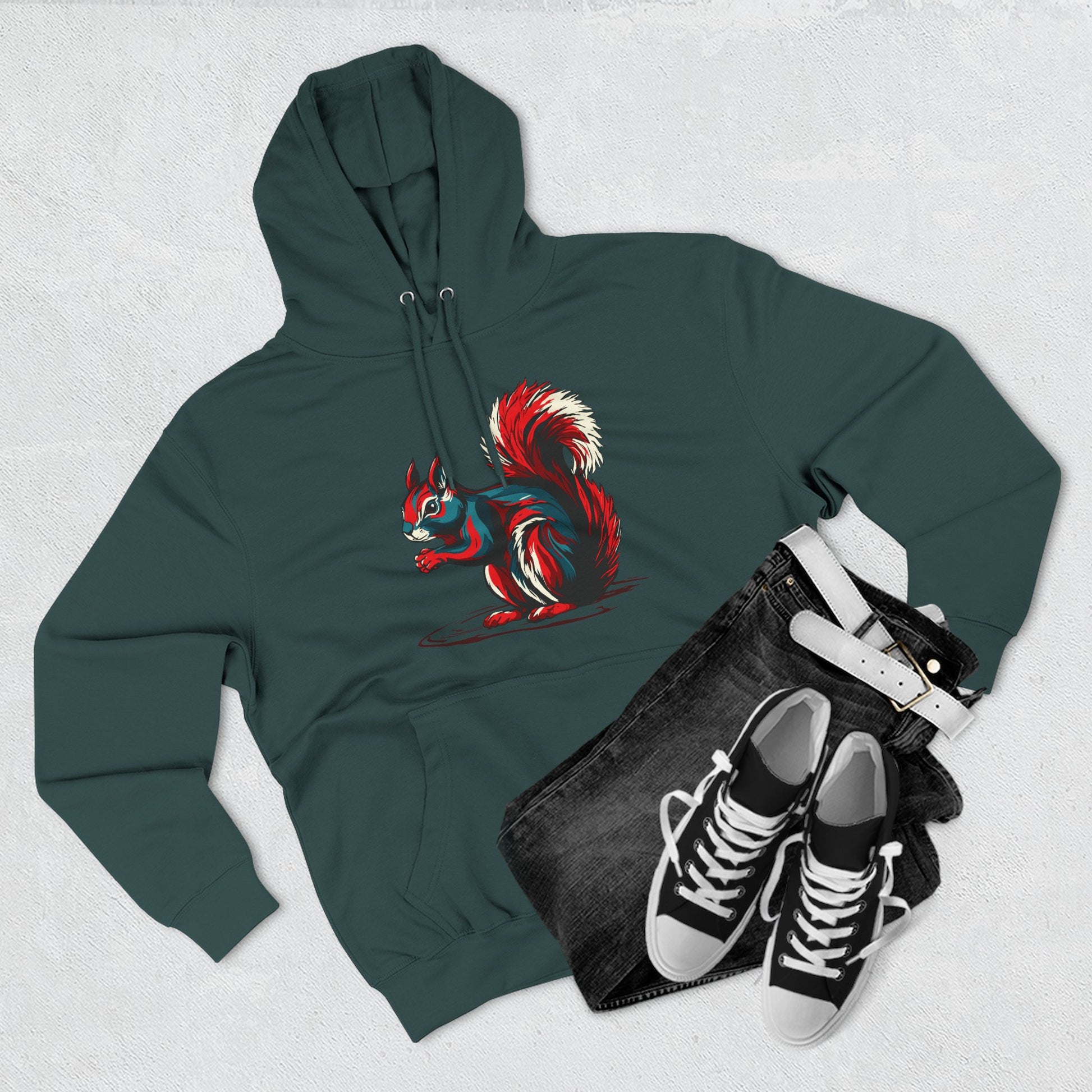 Hand-drawn Alaska Native inspired squirrel hoodie — original Indigenous wildlife design — shown in an alternate colorway