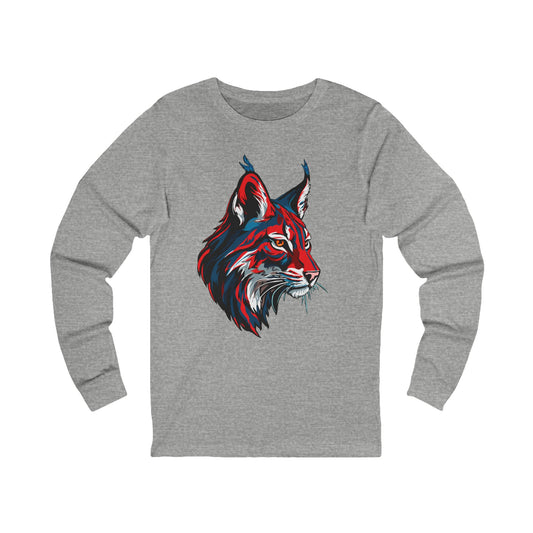 Hand-drawn lynx icon long-sleeve tee — original wildlife art by Kayanna Healy at Neo Native