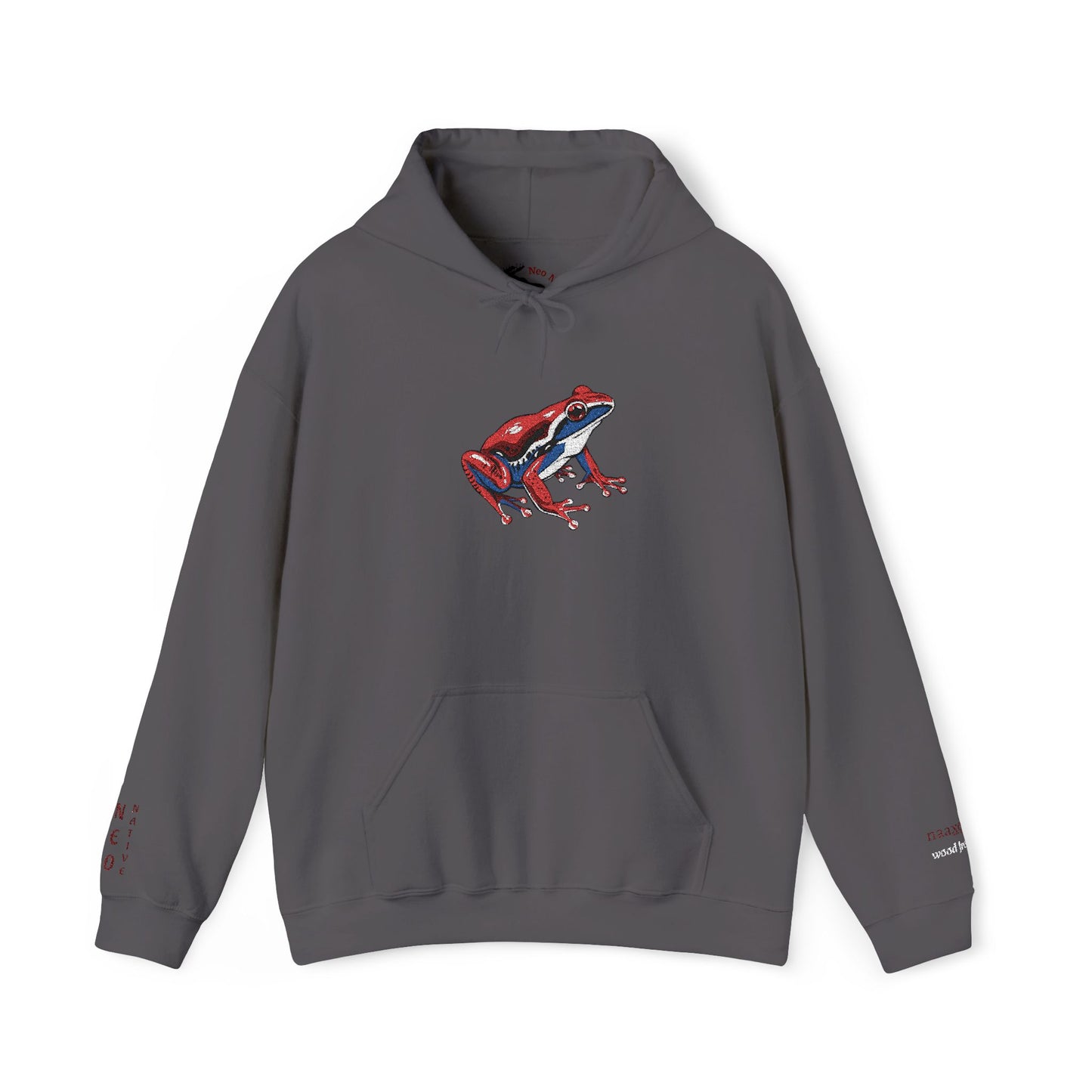 Hand-drawn Alaska Native inspired wood frog hoodie — original Indigenous wildlife design — shown from a different angle