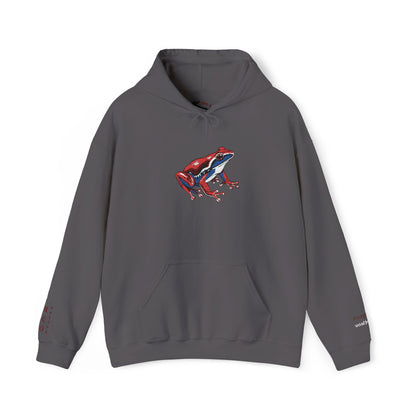 Hand-drawn Alaska Native inspired wood frog hoodie — original Indigenous wildlife design — shown from a different angle